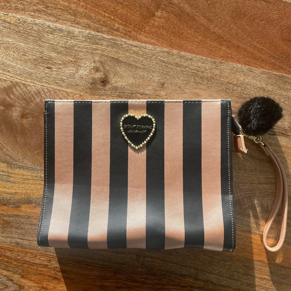 Rare Betsey Johnson Rose Gold and Black Striped Large Wristlet- *BRAND NEW*